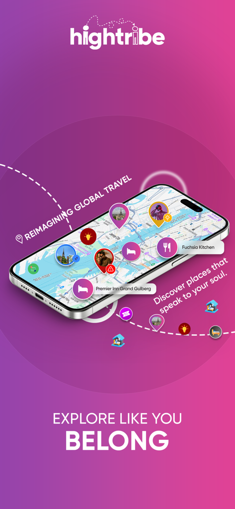 Hightribe: Social Travel App - Smartphone mostrando la aplicación de viajes sociales Hightribe con pines interactivos para alojamientos locales y experiencias gastronómicas únicas.