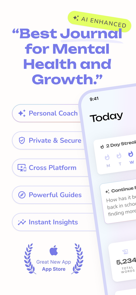 Reflection AI Journal app overview highlighting mental health and growth features