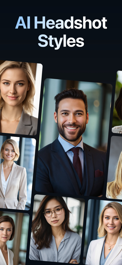 AI Headshot Photo Generator - A gallery of diverse AI-generated professional headshot styles for business profiles