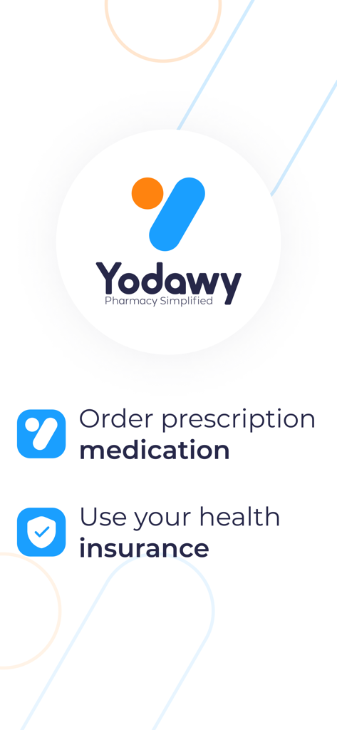 Yodawy app intro screen displaying prescription ordering and health insurance integration features