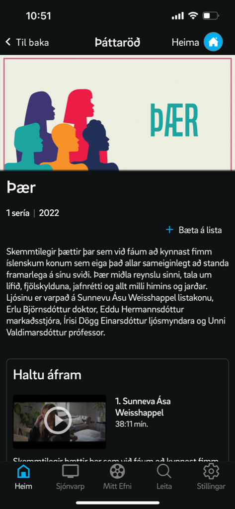 Una captura de pantalla de la aplicación de streaming Sjonvarp Simans mostrando la página de detalles de una serie de TV islandesa.