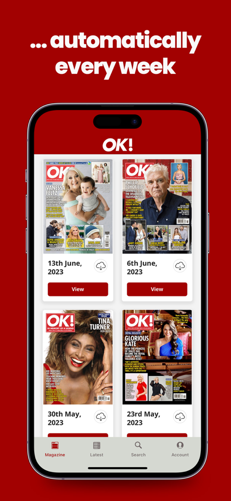 Interface der OK!-Magazin-App mit einer Übersicht der wöchentlichen digitalen Magazin-Cover, die zum Download bereitstehen.