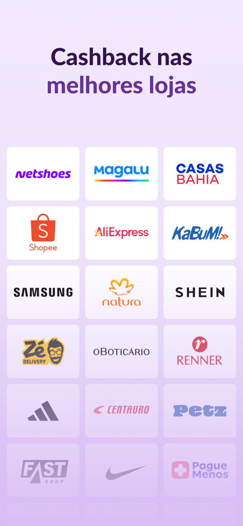 Cuponomia: Cupons e Cashback - A list of partner stores like Magalu and Nike offering cashback on the Cuponomia app.
