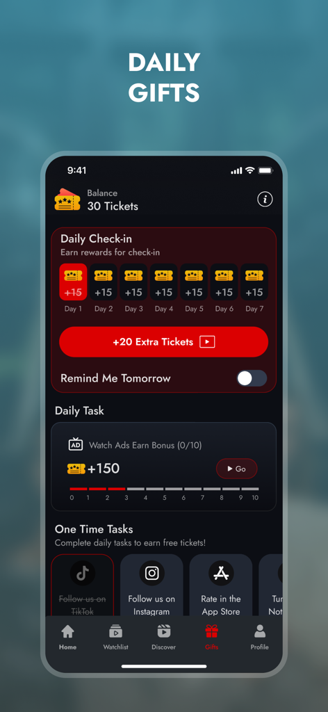 Drama One - Reel Shorts TV - Drama One mobile app screen showing daily gift rewards and tickets earned through check-ins and tasks.