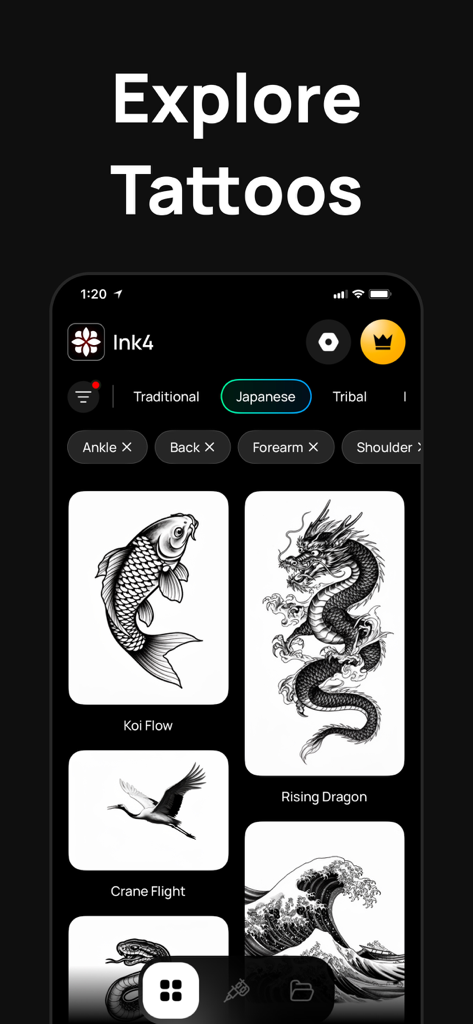 AI Tattoo Generator: Ink4 - Ink4アプリのインターフェースに、龍や鯉を含む日本のスタイルのタトゥーデザインのギャラリーが表示されている