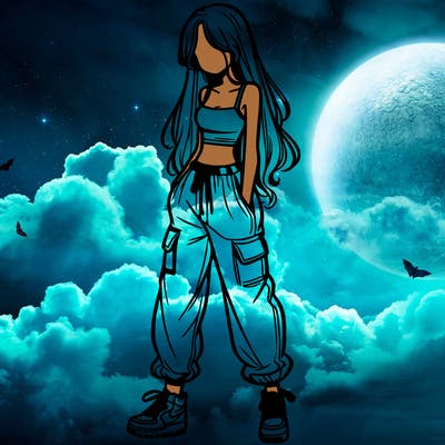 girl in baggy pants crop top and long hair