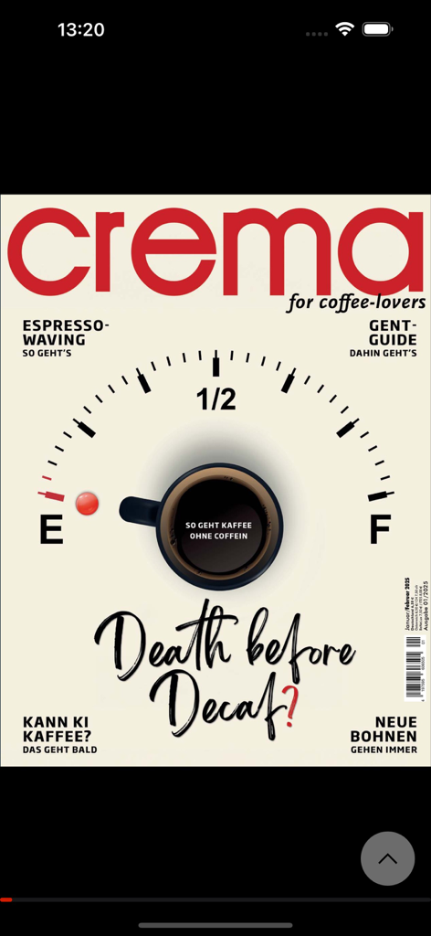 crema Magazin - Digital cover of crema Magazin for coffee enthusiasts with a coffee cup fuel gauge illustration