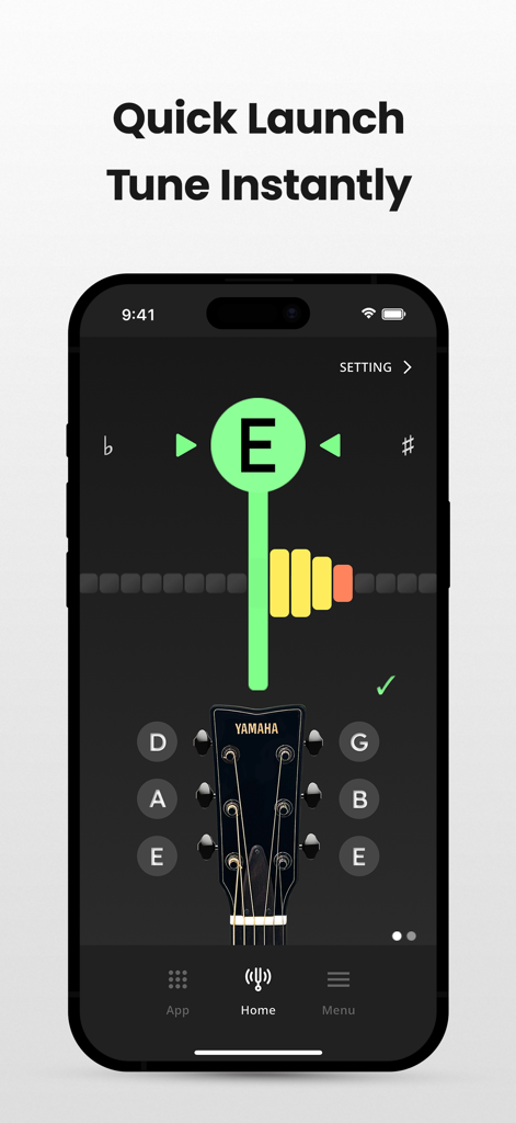 Yamaha guitar tuner app interface showing a green indicator for a string tuned to E
