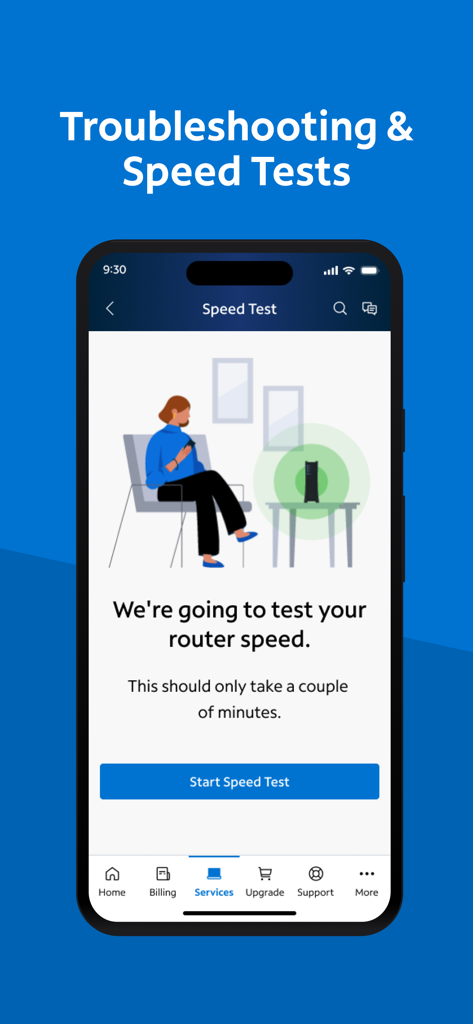 L'interfaccia dell'app My Spectrum che mostra il test di velocità di Internet e la schermata di risoluzione dei problemi per il WiFi di casa.