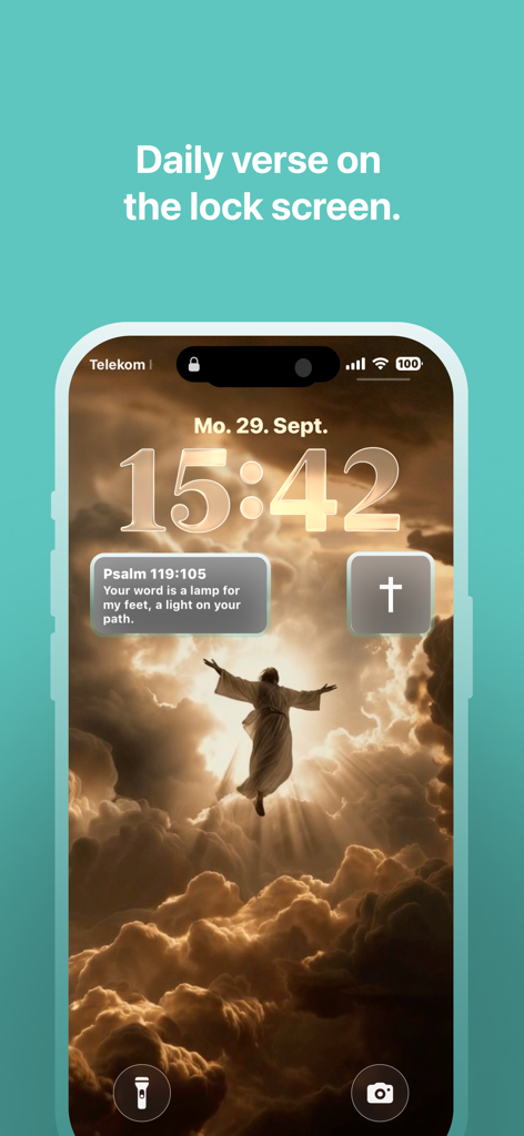Smartphone lock screen featuring a daily Bible verse widget and cross icon
