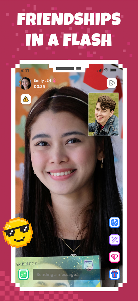 Dos jóvenes teniendo una videollamada en la aplicación social Hay con el texto amistades en un instante.