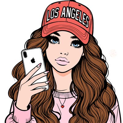 realistic beautiful girl wearing los ángeles cap holding an iphone