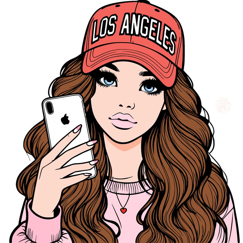 realistic beautiful girl wearing los ángeles cap holding an iphone