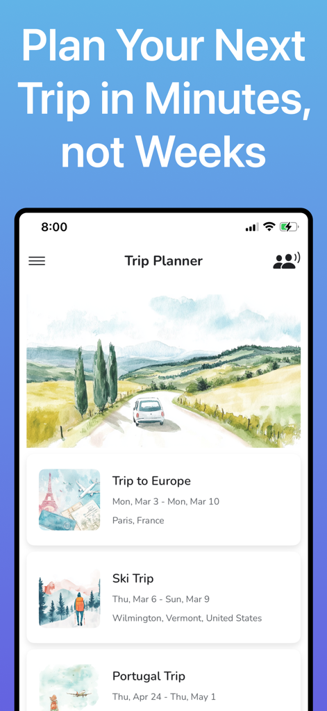 Itinerary Maker for Vacations - Pantalla del Planificador de Viajes mostrando una lista de vacaciones organizadas que incluyen un viaje a Europa y un viaje de esquí.