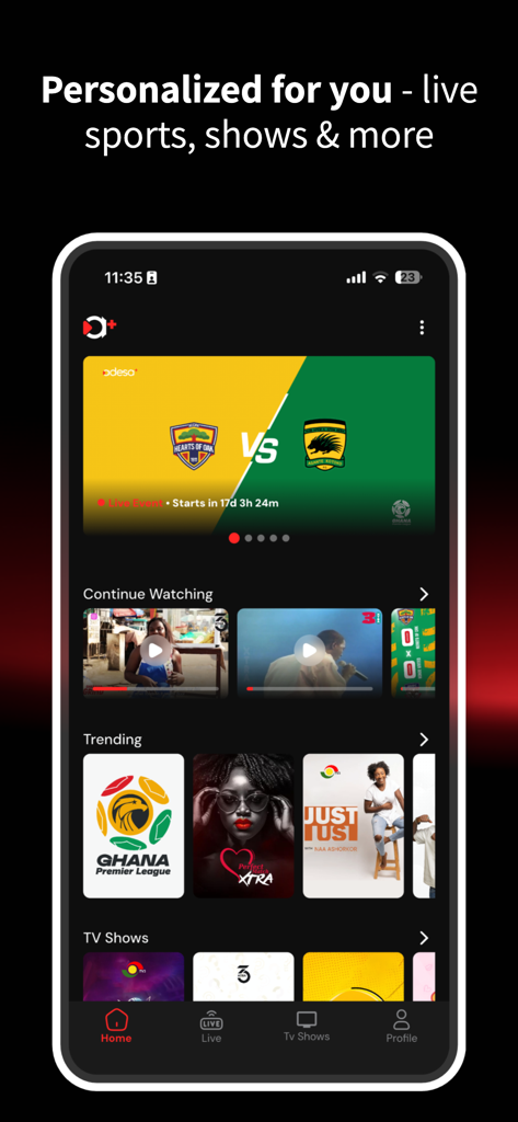 Home screen of adesa plus app featuring live sports and Ghanaian shows