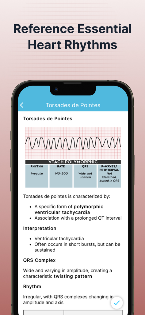 ECG EKG Interpretation Mastery - Mobile app screen showing a clinical reference for Torsades de Pointes with an EKG strip and rhythm interpretation details.