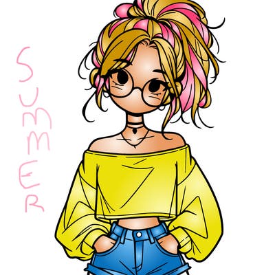 girl with a messy ponytail glasses a baggy crop top and jean shorts