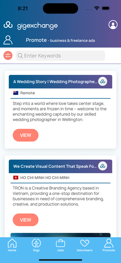 gigexchange - gigexchange app Promote screen displaying business and freelance advertisements