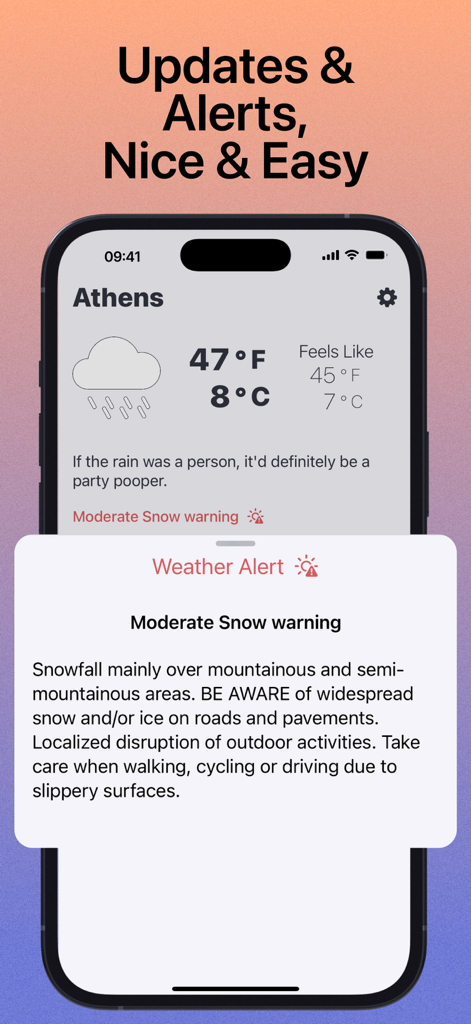 The Weather App by WeatherGo - The Weather App by WeatherGo displaying a moderate snow warning alert for Athens with dual unit temperatures