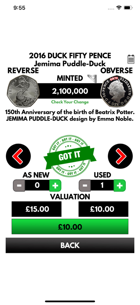 Check Your Change - A mobile app screen displaying the mintage and valuation for a 2016 Jemima Puddle Duck fifty pence coin
