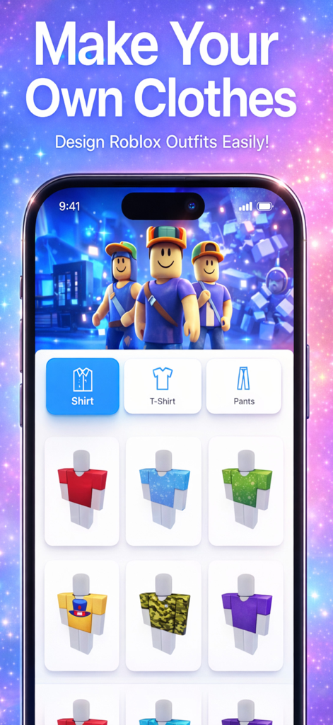 Um smartphone mostrando a interface do aplicativo criador de roupas Roblox com vários modelos de camisas e categorias de design.