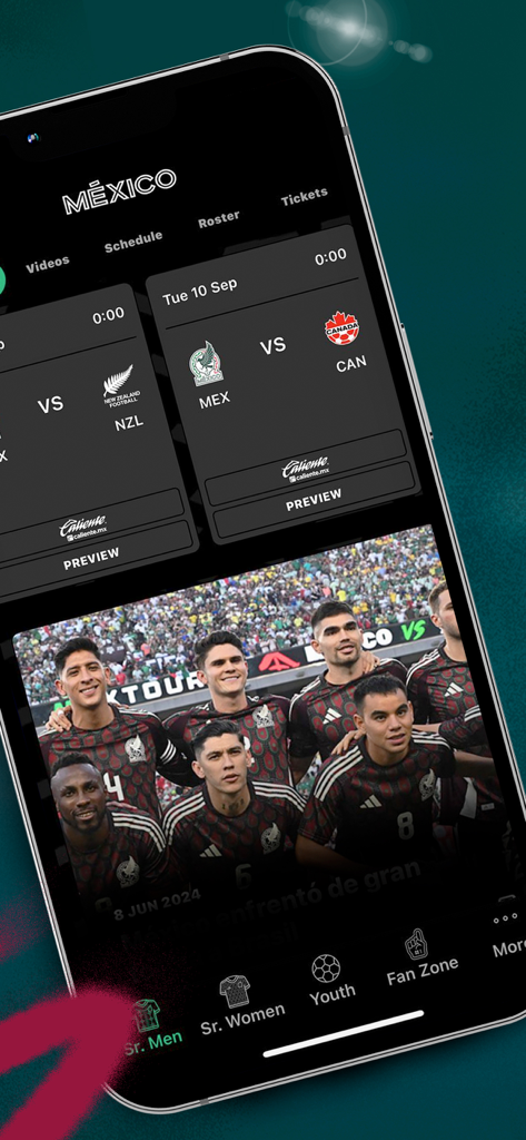 Mi Selección MX - 今後の試合スケジュールとメキシコ代表ロスターを表示するMi Selección MXアプリのインターフェイス。