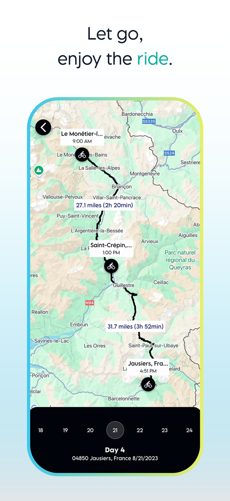 Plan WeGo - Travel Planner - Plan WeGo 앱 인터페이스는 지도에 상세한 사이클링 경로와 일정을 보여주며, 여행 시간과 정류장이 표시됩니다.