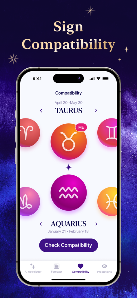 Futurio app screen showing zodiac sign compatibility feature with Taurus and Aquarius icons