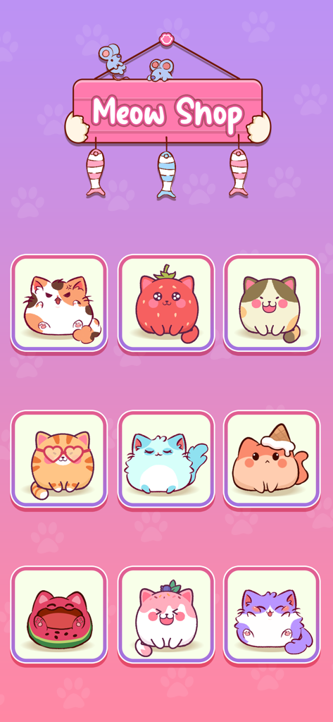 A menu screen labeled Meow Shop displaying a grid of nine cute and colorful kawaii cat characters
