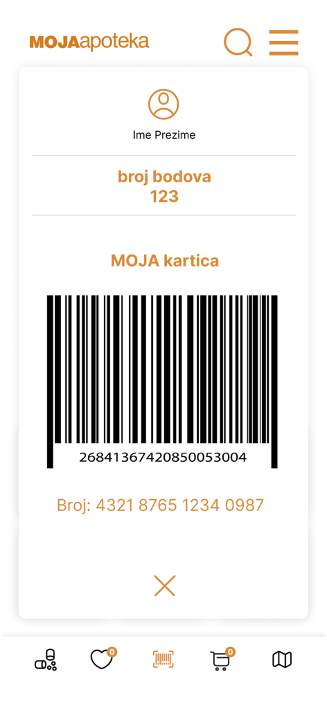 Digital loyalty card screen in the MojaApoteka app showing a barcode and reward points balance.