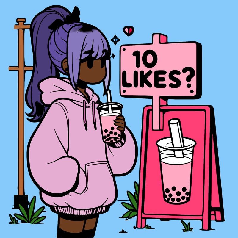 girl with oversized hoodie drinking boba and she has a high ponytail with a sign that says 10likes?