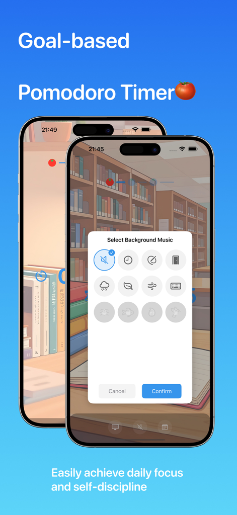Mock Timer Pro - Future Now - 모의고사 타이머 프로 인터페이스, 목표 기반 뽀모도로 타이머 및 백색 소음 배경 음악 선택 표시