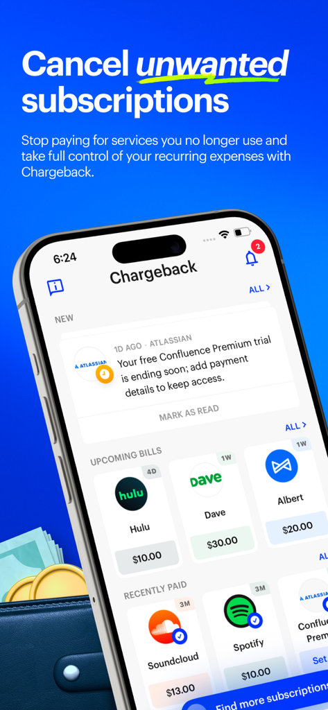 The Chargeback app dashboard on an iPhone showing upcoming bills for Hulu and Dave and recently paid subscriptions for Spotify and Soundcloud.