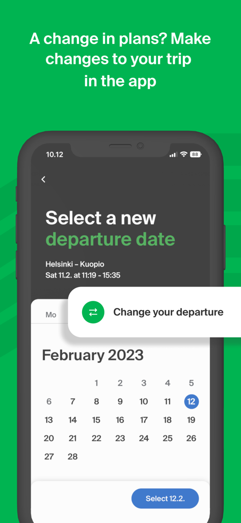 VR Matkalla App-Oberfläche zum Ändern eines Zugabfahrtsdatums mit Kalenderansicht für die Route Helsinki nach Kuopio