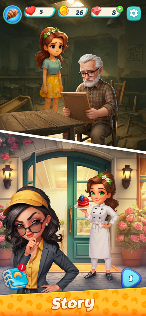 Sweet Dreams: Bakery Adventure - Gráfico que muestra la progresión narrativa de Eva restaurando su panadería en Sweet Dreams Bakery Adventure.