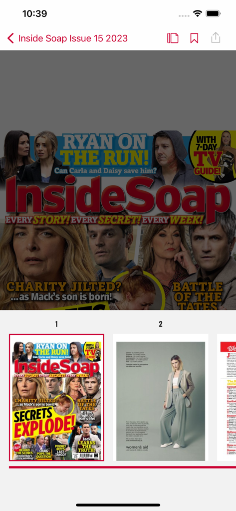 Inside Soap UK app interface showing the digital magazine cover and page previews