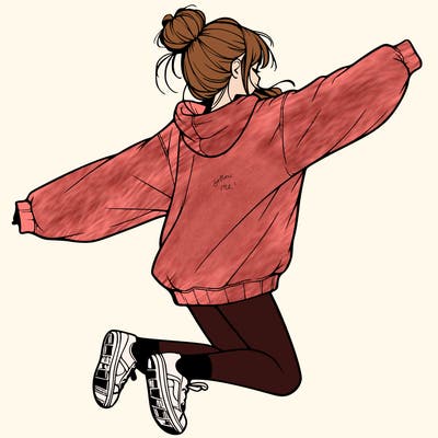 realistic girl jumping with a bun and oversized sweatshirt