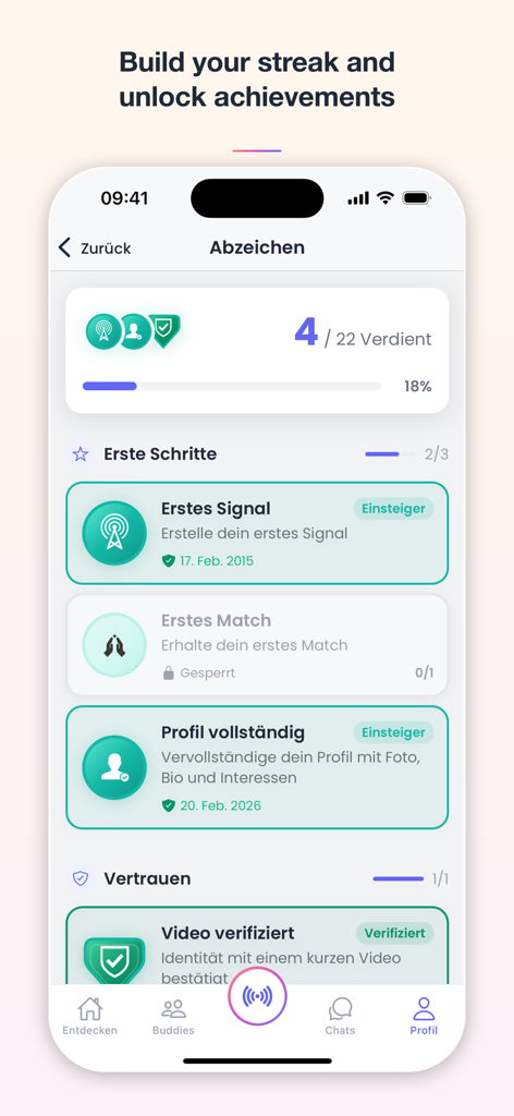 BuddyMe — Meet New People - Tela de conquistas do aplicativo BuddyMe mostrando emblemas ganhos e progresso para atividades sociais e verificação de perfil