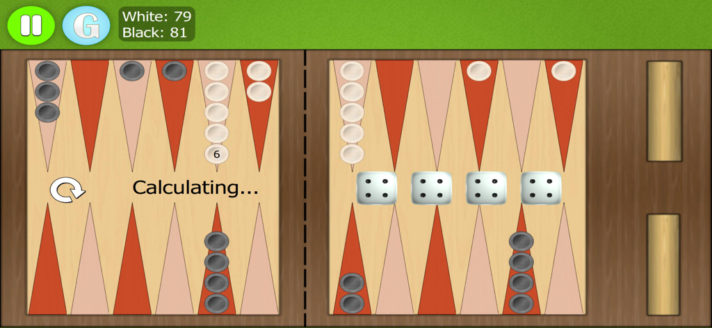 In-game view of Backgammon Ultimate with a wooden board, black and white pieces, and AI calculating its move.