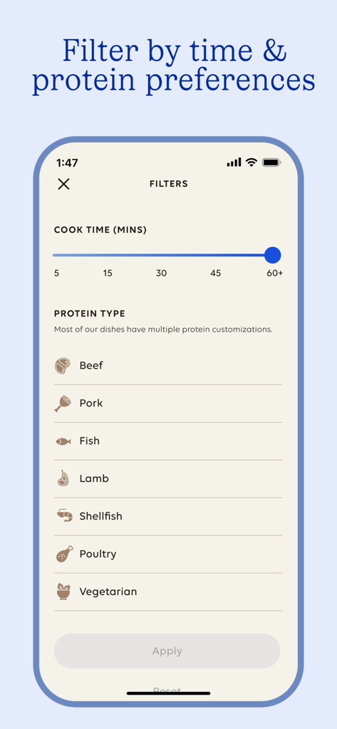 Blue Apron app screen showing meal filters for cook time and protein type