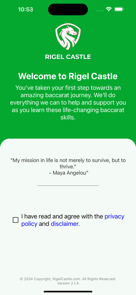 Rigel Castle Baccarat - Welcome screen of the Rigel Castle Baccarat mobile app featuring a dragon logo and a green background