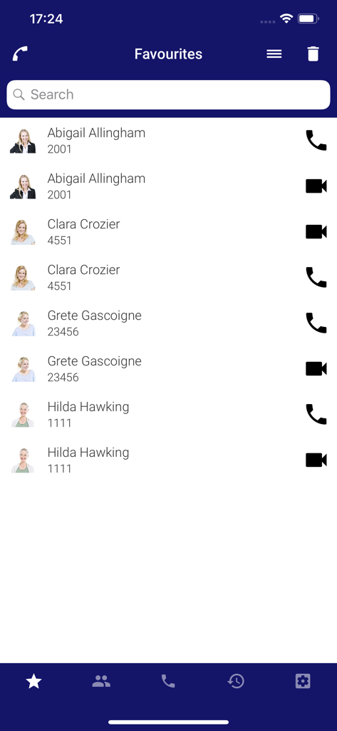 UNIVERGE ST500 - UNIVERGE ST500 mobile app favorites screen showing a list of business contacts with extension numbers and call buttons