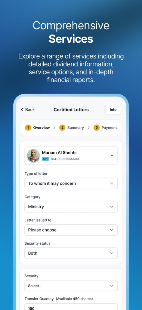 ADX Mobile - ADX Mobile app interface showing the certified letters request form under comprehensive services.