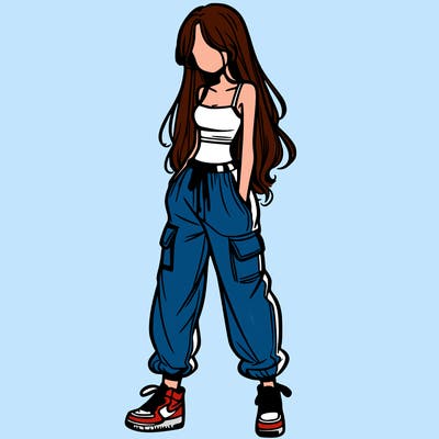 girl in baggy pants crop top and long hair