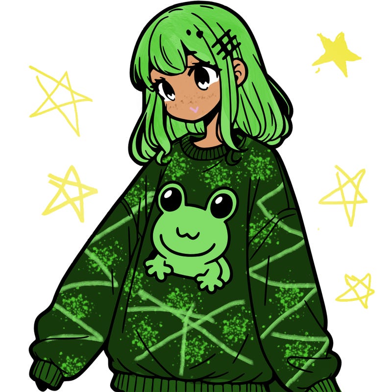 girl wearing frogging sweatshirt