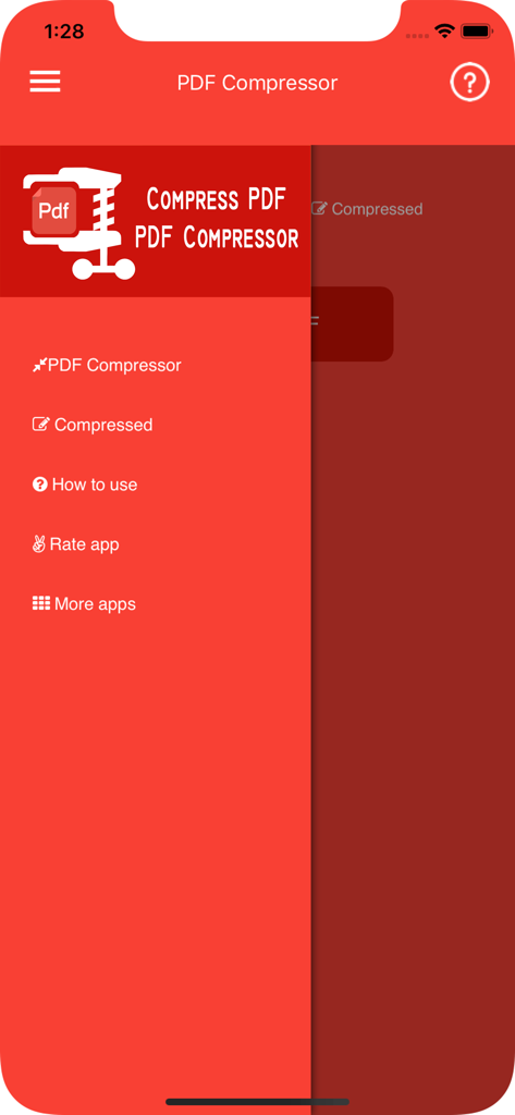 PDF Compressor - Compress PDF - Side navigation menu of the PDF Compressor app with options for file compression and app settings
