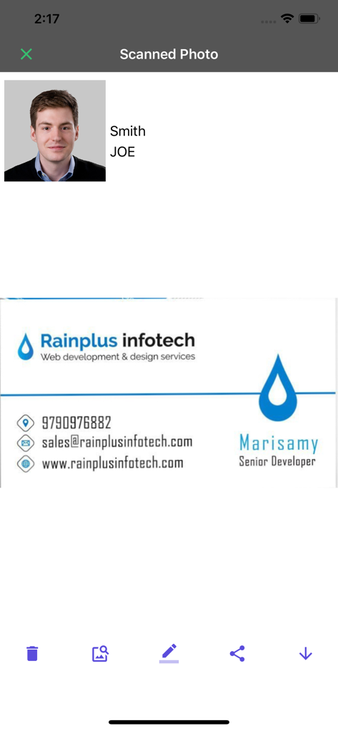 Business Card Reader, Scanner - A mobile interface of the Business Card Reader app displaying a scanned business card for Rainplus Infotech and a profile photo.