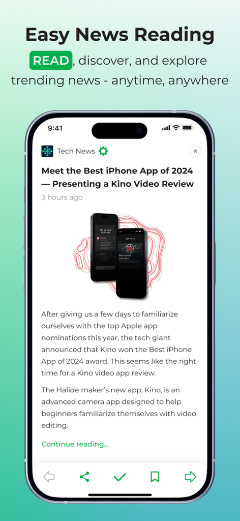 follow.it - Écran de smartphone affichant un article d'actualité technologique dans l'interface de l'application follow.it.