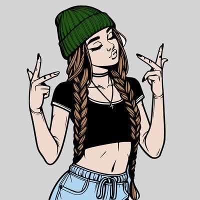 realistic teenage girl with braids and a beanie and crop top doing 🫶🏼