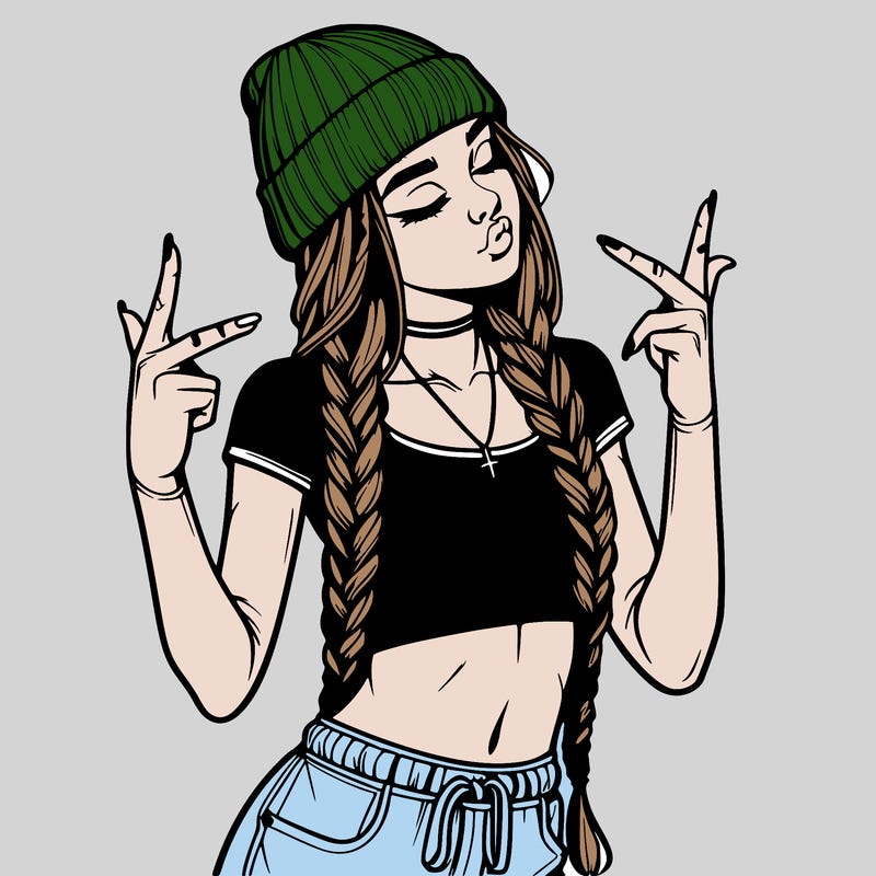 realistic teenage girl with braids and a beanie and crop top doing 🫶🏼